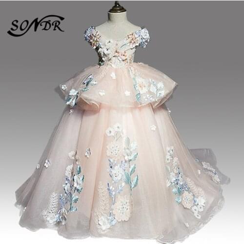 Luxury Flower Girl Dresses HT163 Appliques Beading Sequin Pageant Dress for Girls Boat Neck Pearls Lace Flower Girls Ball Gowns