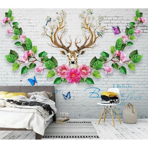 Modern and fresh 3D white brick wall elk rose peony TV background wall painting home decoration custom 3d wallpaper murals