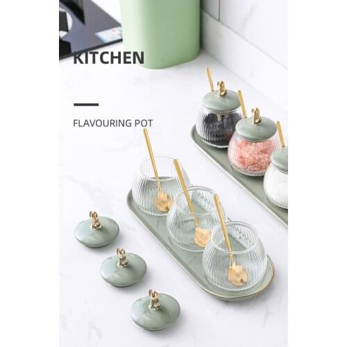 Light Luxury Glass Seasoning Jars Set Ceramic Salt Pepper Sugar Storage Tray Shelf Kitchen Storage Tools Flavoring Bottle