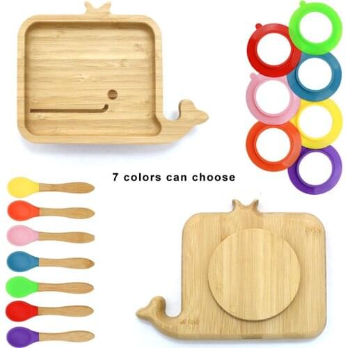 Baby Toddler Whale Suction Plate, Stay Put Feeding Plate, Natural Bamboo Plate include spoon and Environmental protection silica