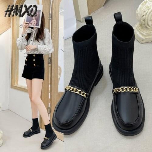 HMXO Stretch Knit Stitching Socks Womens Boots Short Autumn British Style Chain Fashion Low-heeled Casual Ladies Short Boots