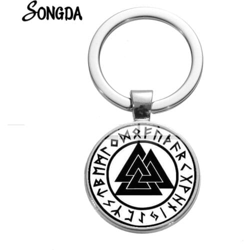 Vintage Viking Symbol Alloy Keychain Triangle Pattern Life Tree Glass Cabochon Key Ring Norse Viking Amulet Pagan Jewelry