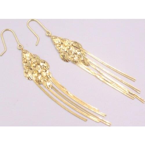 Pure 18K Yellow Gold Dangle Women Gift Rhombus Phoenix Feather Snake Chain Tassel Earrings /5.4-5.5g