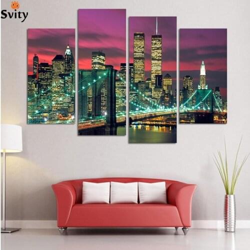 High Quality 4 Panels Home Decor Wall Art Painting Prints of Manhattan Brooklyn Bridge Artwork Custom Sale--Modern City Painting