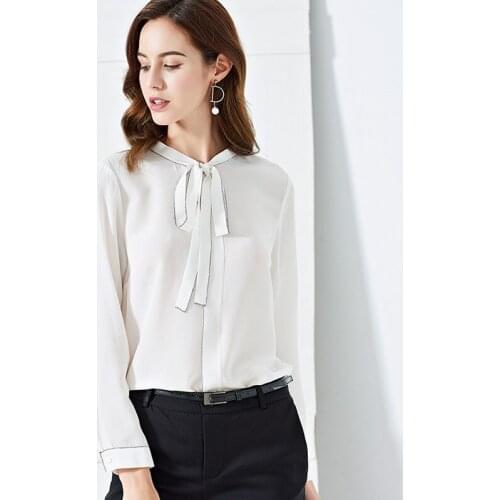 Womens Wear Euro-american Ribbon 100% Silk Shirt With Long Sleeves