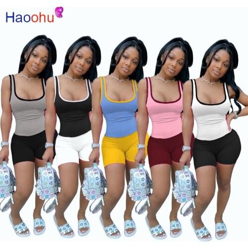 Color Block Patchwork Two Piece Sets Women Tracksuit Low Neck Sleeveless Tank Tops Biker Short Summer Outfits Sporty Sweatsuit