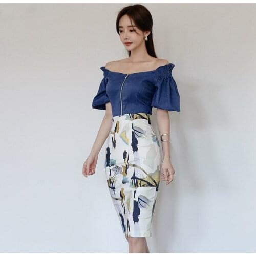 New arrival fashion sets for women summer office lady casual short slim shirt and print skirt temperament sexy two piece sets