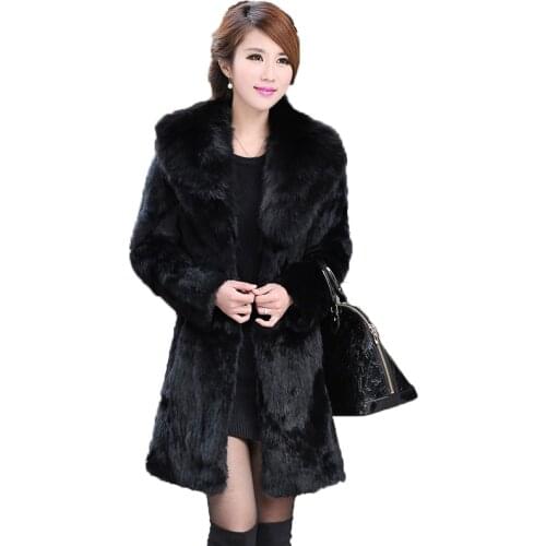Natural rabbit fur coats for women black color genuine fur jacket with fox fur collar lady gift slim outwear plus size 5xl 6xl