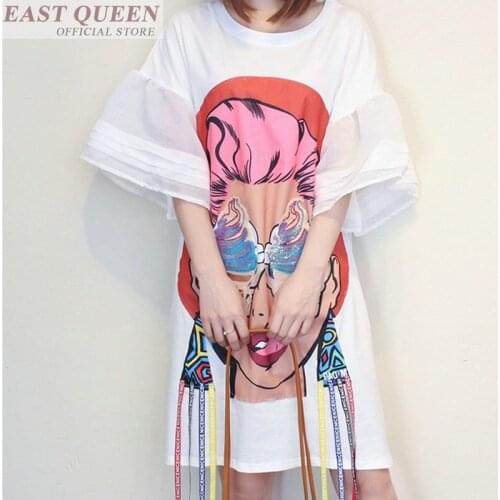 Women summer dresses with flowers harajuku fashion tassel knee-length dressing half flare sleeve hip hop dresses DD557 L