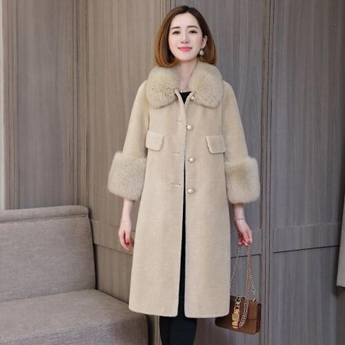 2020 Real Fur Coat Women Autumn Winter Jacket Fox Fur Collar Sheep Shearing Wool Coat Long Manteau Femme Hiver KJ894