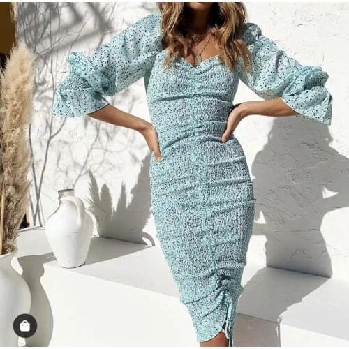 Summer New Printing Dress V-neck Petal Sleeve Sweet Chiffon Dress Elastic Drawstring Slim Sexy Midi Dress Bandage Sheath Dress