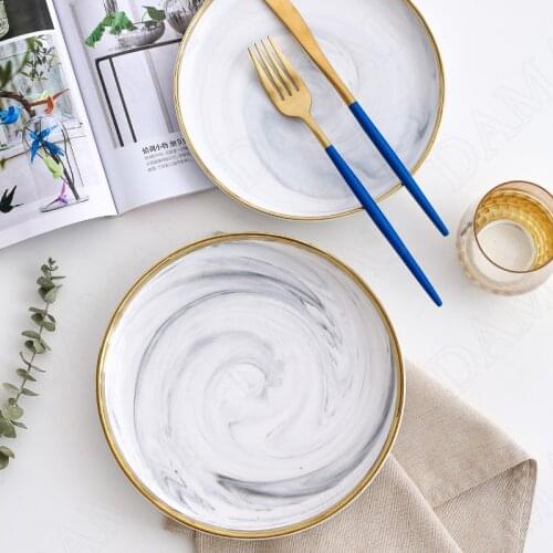 Golden Stroke Ceramics Plate Fruit Salad Sushi Dishes Marble Texture Western Steak Dish Restaurant Serving Tray Kitchen Utensils