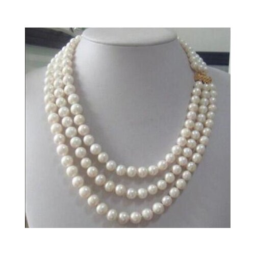Free shipping triple strandsAAA 8-9mm Real Australian south sea white pearl necklace 17-19"14KGP
