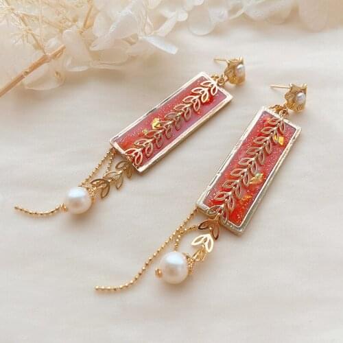 CCijiNG Colorful Rubber Drop Ginkgo Leaf Pearl Leaf Fringe Long Earrings Decorate Face Retro EH4011