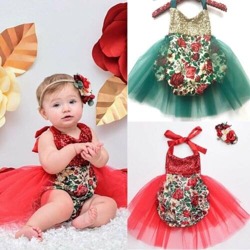 Toddler Kid Baby Girl Romper Dress 0-24M Christmas Red Sleeveless Flowers Sequined Print Party Tutu Dress Clothes