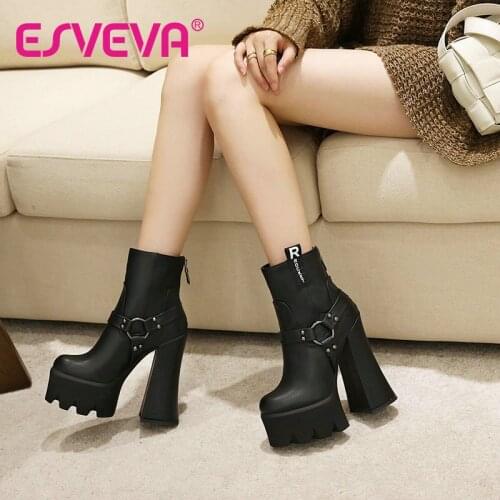 ESVEVA 2021 Round Toe Lace Up Pattern Square High Heel PU Leather Ankle Boots Platform Women Boots Zipper Size 34-43