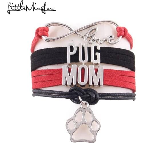 Little Minglou 3 style Infinity Love PUG MOM bracelet dog paw charm leather wrap bracelets & bangles Women jewelry drop shipping