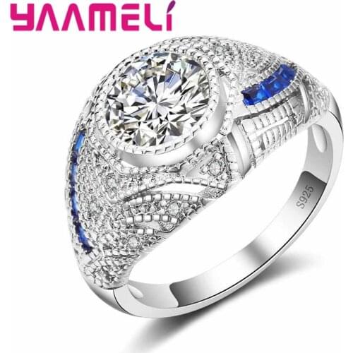 Fashion 925 Sterling Silver Shiny With Blue Round Crystal Stone Ring Cubic Zirconia For Christmas Best Present Women
