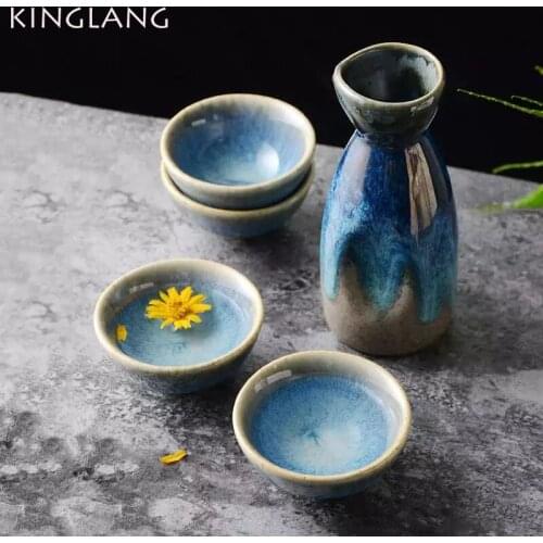 KINGLANG 5Pcs Set Retro Japanese Sake Set Ceramic Flagon Liquor Cup 1 Pot 4 Cups Home Bar Sake White Wine Pot Creative Drinkware