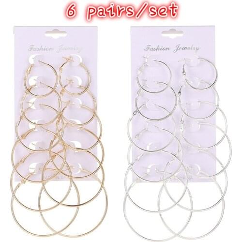 6 Pairs Girl Oversized Hoop Exaggerated Earrings Gold Round Earrings for Women Set Vintage Trend Hoop Earrings for Women