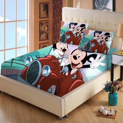 Mickey Minnie Mouse Fitted Sheet with Pillowcase Cartoon Bedding Single Twin Size Bed Sheet Set for Girls Kids Bedroom Decor