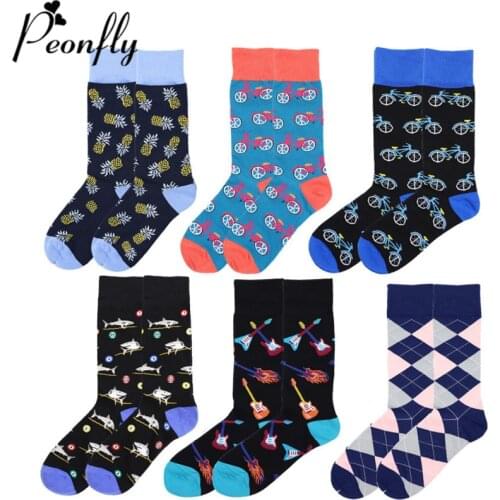 PEONFLY New 2020 Autumn Mens Socks Funny Cartoon Animal Shark Bicycle Guitar Printed Calcetines Casual Cotton Happy Socks