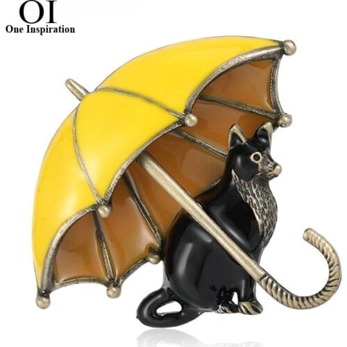OI Enamel Black Cats Umbrella Shape Brooches Corsage Antique Gold Color Casual Party Vivid Animal Brooch Pins Bijoux