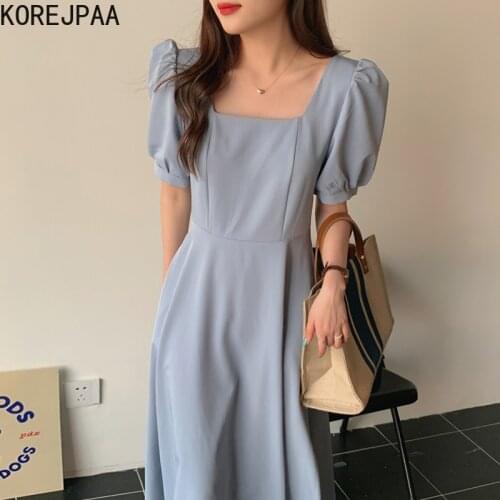 Korejpaa Women Dress 2021 Summer Korea Chic French Elegant Temperament Commuter Collar Waist Slim Long Bubble Sleeve Dresses