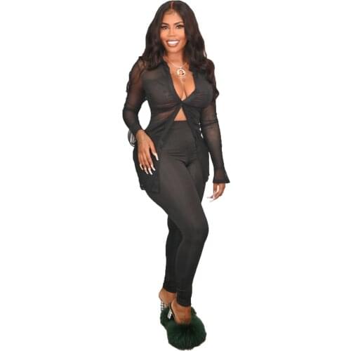 All Black Sheer Mesh Tracksuit Women Two Piece Sets Long Sleeve Top Female High Waist Pencil Pants Evening Party Sexy Outfits
