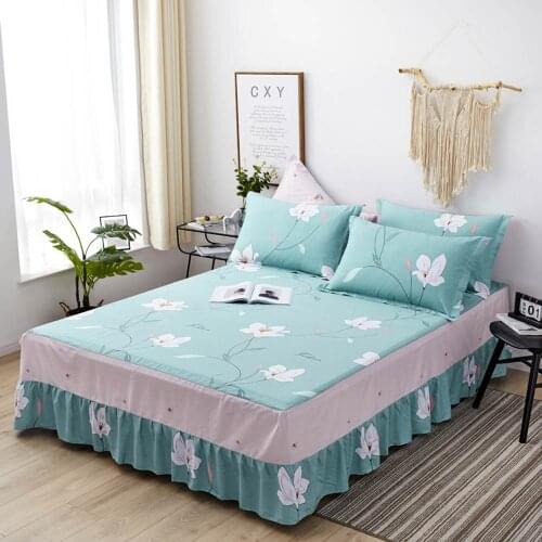 2019 White Flowers Green Floral Bedskirt(With Ruffles Border)Bed Mattress Protective Cover Soft Cotton Bedlinens Fitted Sheet