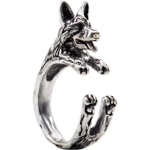 QIMING Unique Design Handmade Boho Chic Retro German Shepherd Ring Female and Male Pet Dog Adjustable Rings Lovers Gift Idea