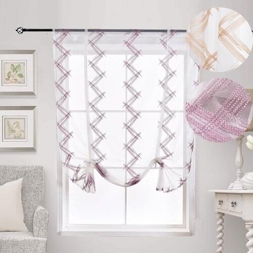 Kitchen Roman Curtains Shiny Sliver Line Embroidered Sheer Tulle Curtains Living Room Balcony Voile Valance Curtains Roman Blind