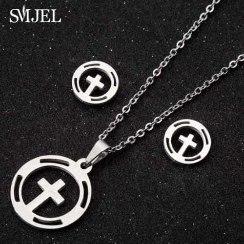 Smjel Fashion Stainless Steel Cross Sets Hollow Round With Cross Chain Choker Necklace Women Men Kids Christmas New Year Gift