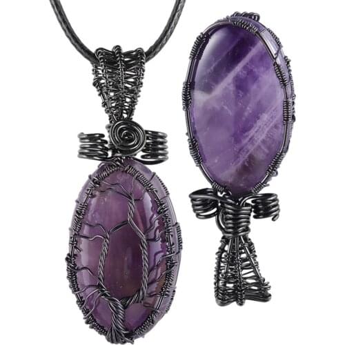 SUNYIK Healing Chakra Oval Shape Stone Tree of Life Pendant fit Necklace Handmade Copper Wire Wrapped Jewelry for Unisex