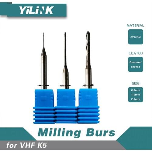 VHF K5 coated/diamond coated milling burs dental cad cam milling cutter 0.6mm/1.0mm/2.0mm