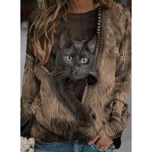 Spring Leisure Oversized Top 2021 Womens 3D Cartoon Cat Long Sleeve Womens O-neck Long Sleeve Loose New Style Sexy Blouse