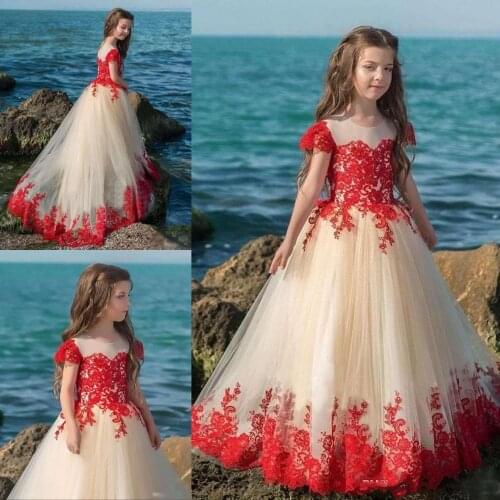Jewel Neck A Line Flower Girl Dresses Red Lace Appliques Tulle Sheer Short Sleeves Little Girls Pageant Wedding Party Dresses