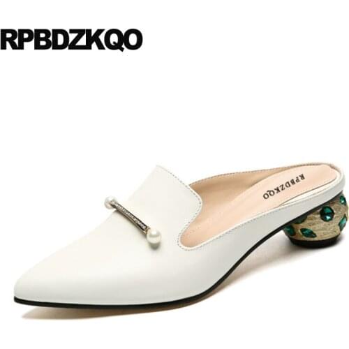 Pumps crystal pearl suede block pointed toe black thick green dress shoes women metal white rhinestone abnormal novelty diamond