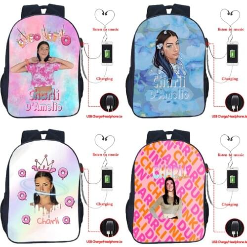 Unisex Charli Damelio USB Backpacks for Girls Boys Knapsacks Students Schoolbags Men Women Teens Travel Bagpacks Kids Rucksack