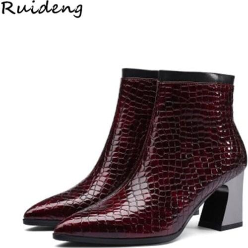 2019 women riding ankle boots winter pointed toe fashion black wine red shoes Handmade high heel 6 cm Stone pattern female boots