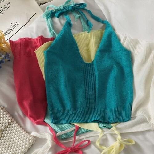 French Bow Tie Halter Neck V-neck Sling Top 2021 New Female Simple Solid Color Wild Short Cropped Camisole Summer