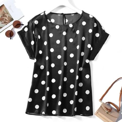 Womens 96% Mulberry Silk 4% Spandex satin silk black dots top Shirt Blouse Round Neck short sleeve JN646