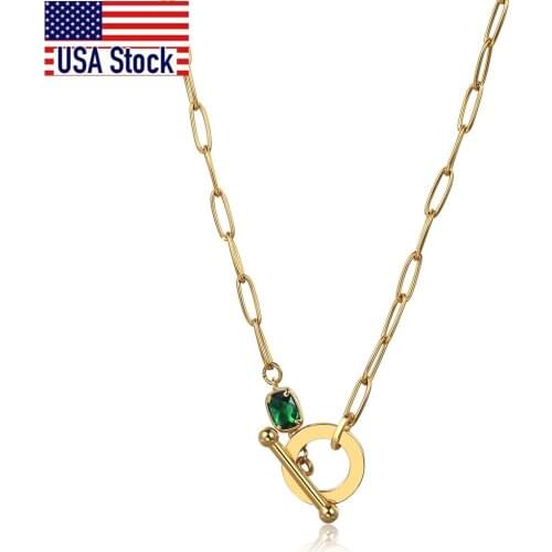 Chic Gold Color Stainless Steal Necklace Green Stone Charm Paperclip Chain Choker For Women Female Wedding Jewelry DN277A