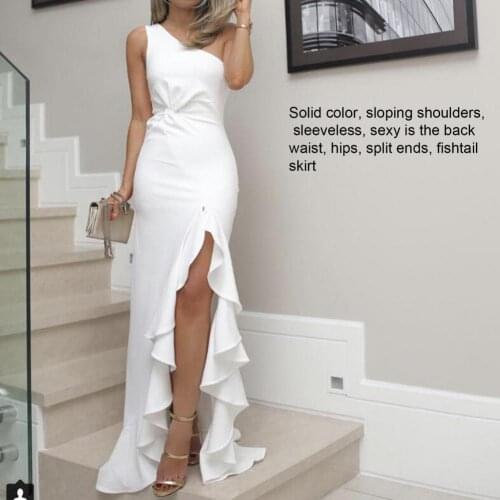 2021 New Fashion Formal Solid Color Bodycon Dress Women Single Slash Shoulder Ruffles High Split Party Banquet Long Dress