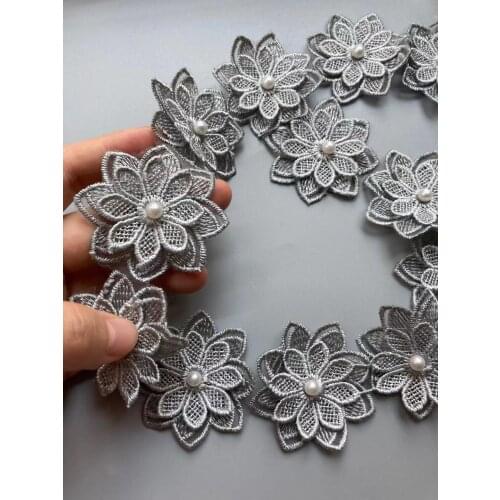 1 Yard Gray Pearl Beaded Embroidered Flower Lace Trim Floral Applique Patches Fabric Sewing Craft Vintage Wedding Dress 5CM New