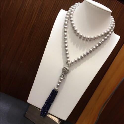 100% natural Real 8-9mm gray freshwater pearl micro inlay zircon clasp lapis lazuli tassel temperament necklace 30inch jewelry