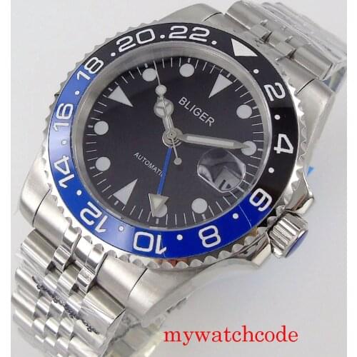 Bliger 40mm GMT Mens Wristwatch Sapphire Crystal Luminous Marks Rotating Bezel Jubilee Strap Date Indicator