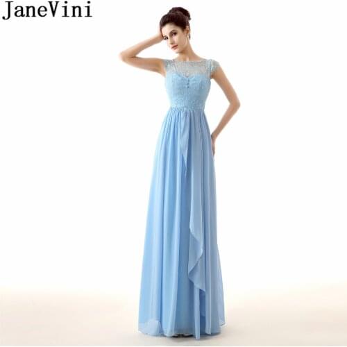 JaneVini Graceful Sky Blue Party Dresses A Line Prom Dresses Chiffon Sleeveless Lace Ribbon Formal Dress Long Bridesmaid Gowns