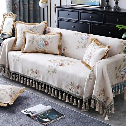European Luxury Tassel Sofa Couch Cover 1/2/3/4 Seater Jacquard Flower Leather Recliner Slipcover L Shape Sofa Towel Embroidered