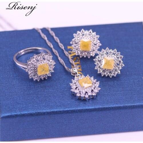 Many Colors Unique Orange Zircon 925 Sterling Silver Jewelry Stud Earrings Adjustable Ring Necklace Set Bridal Jewelry